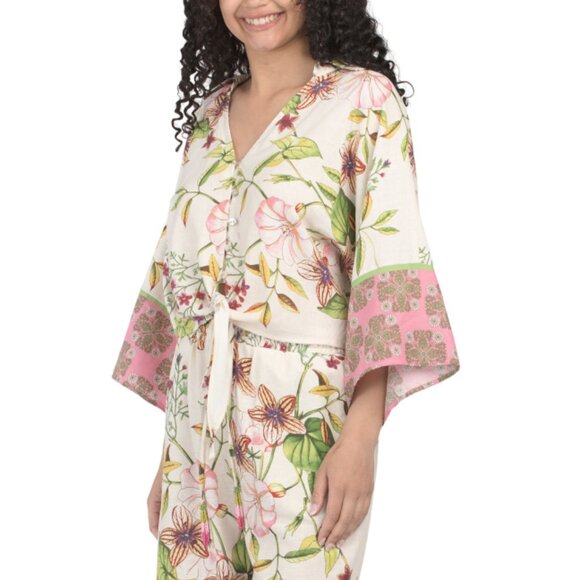 CHRISTIAN SIRIANO NEW YORK Multi Linen Blend Kimono Floral Top - Picture 1 of 2